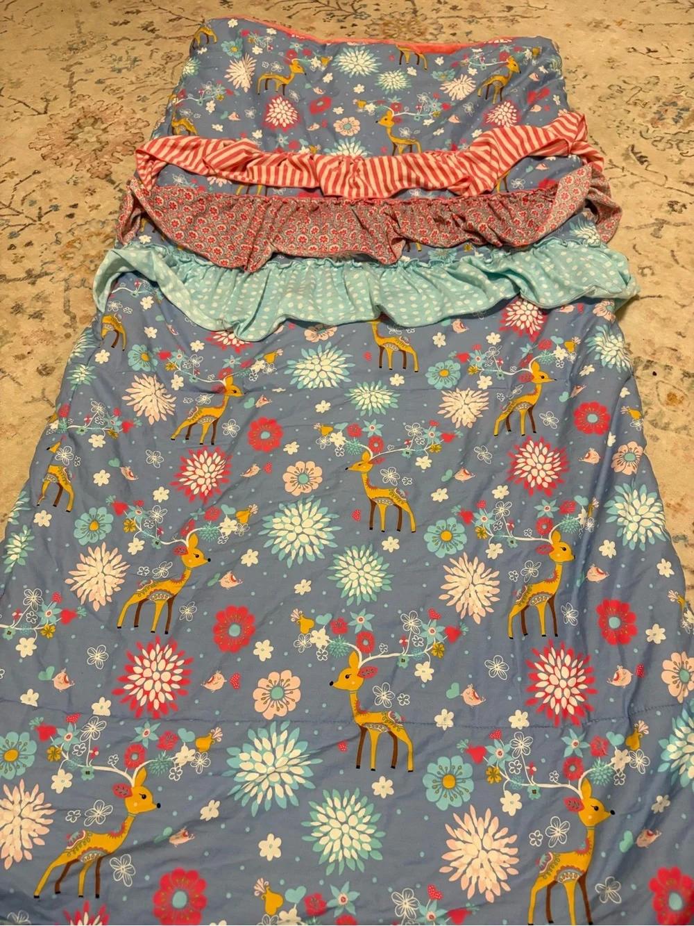 Matilda Jane. Blue Floral & Deer Ruffle Sleeping bag. Like New!